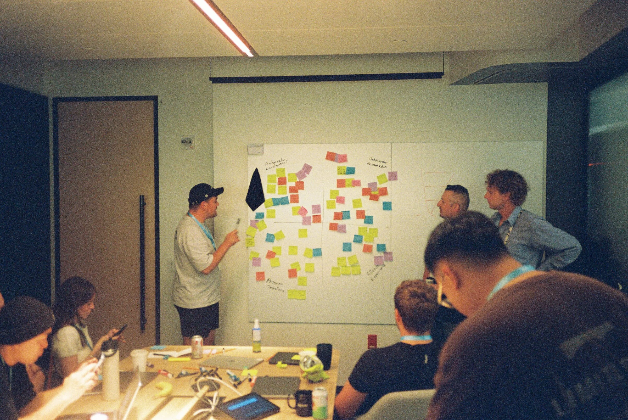 A workshop room with a wall covered in sticky notes